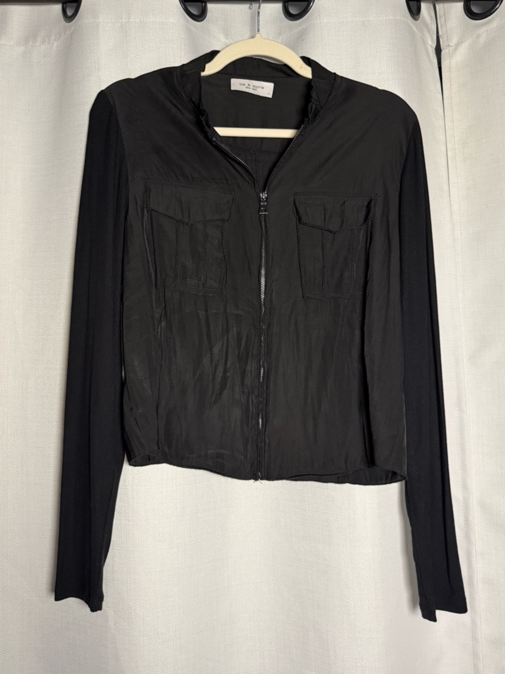Lola & Sophie Black Satin Lightweight Utility Zip Up Jacket Size Large - Picture 2 of 7